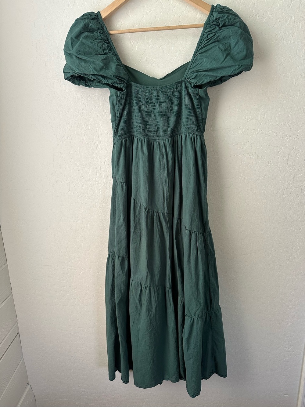 Bailey Blue Emerald Green Puff Sleeve Smocked Tiered Maxi Dress 100% Cotton M - Picture 5 of 6